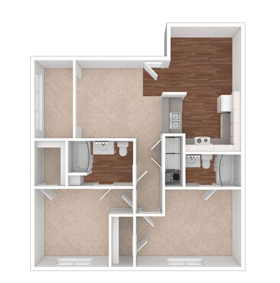 A diagram of a house layout with a kitchen, bathroom, and bedrooms.