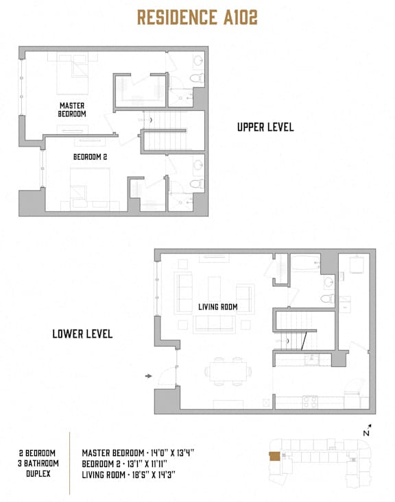 A floor plan for a residence at Rose Hall shows two bedrooms and two bathrooms on the lower level.