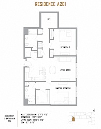 A floor plan for a residence labeled A201 shows two master suites, one with an attached den, and a living room.