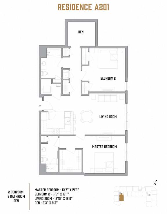 A floor plan for a residence labeled A201 shows two master suites, one with an attached den, and a living room.