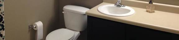 A bathroom with a toilet, sink, and shower curtain.