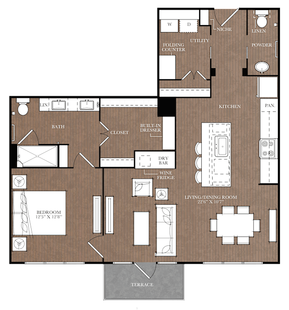 A floor plan of a house with a living room, kitchen, and bathroom.