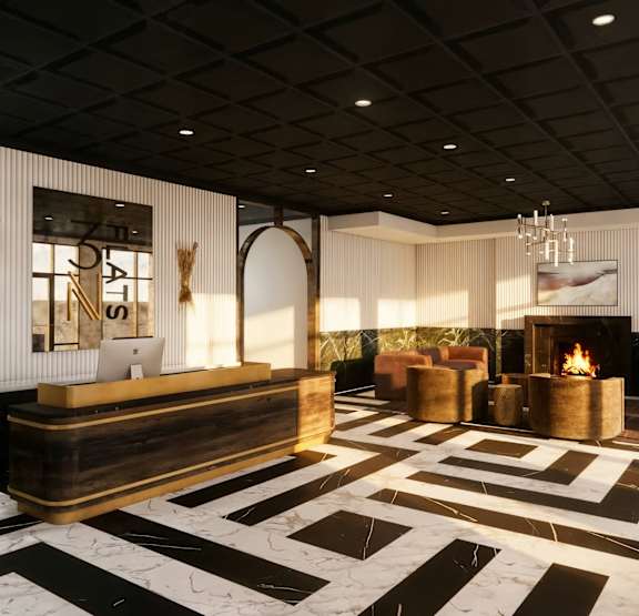 Lobby with fireplace at 3 Notch'd Flats Apartments, Henrico