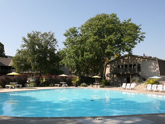 A swimming pool at Eden West, surrounded by a calm and inviting atmosphere.