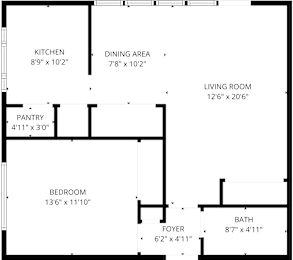 A black and white floor plan of a house with labeled rooms.