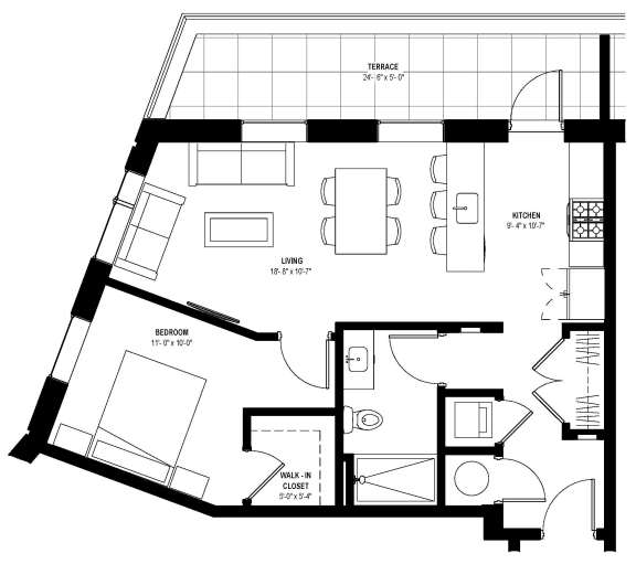 1 bed 1 bath floor plan T at Glassworks, Philadelphia, PA, 19122
