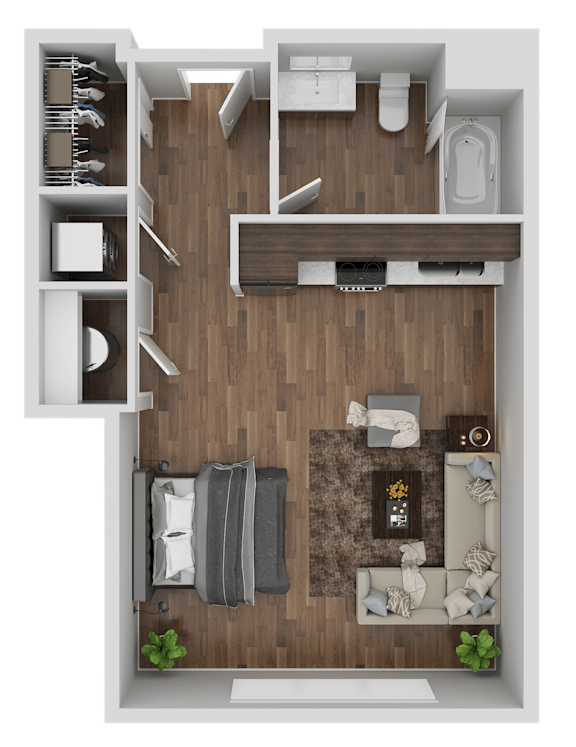 A top-down view of a small apartment layout with a kitchen, living room, and bedroom.