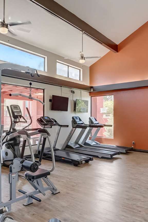 A gym with a variety of equipment including treadmills, weights, and a television at Glen at Mesa, Arizona, 85201
