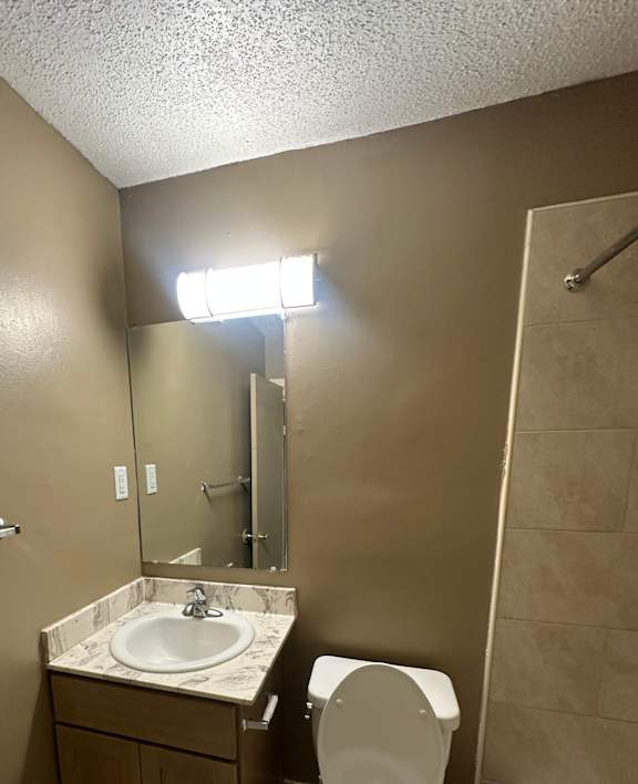 A bathroom with a toilet, sink, and mirror.