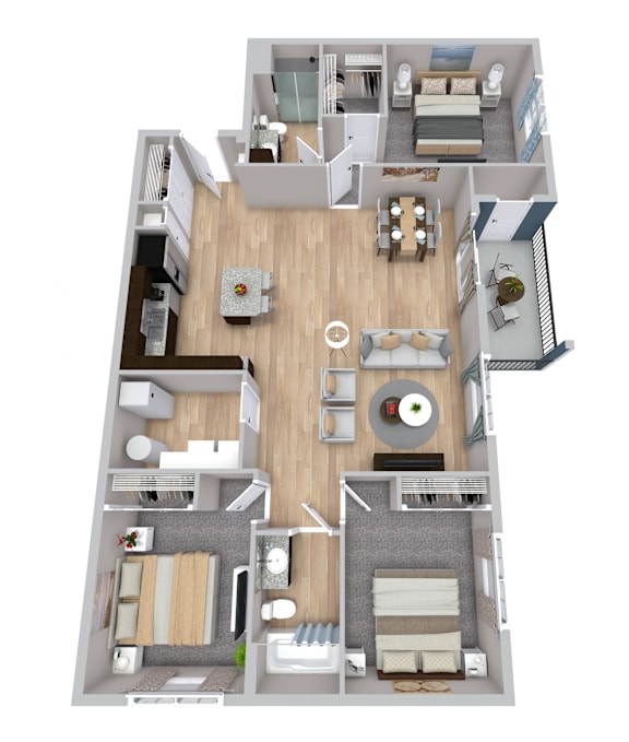 A floor plan of a house with a living room, dining room, kitchen, and two bedrooms.