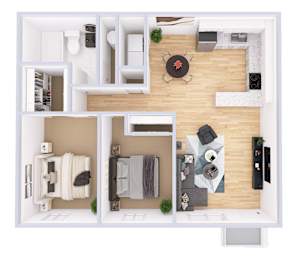 A top-down view of a small apartment with a kitchen, living room, and bathroom.