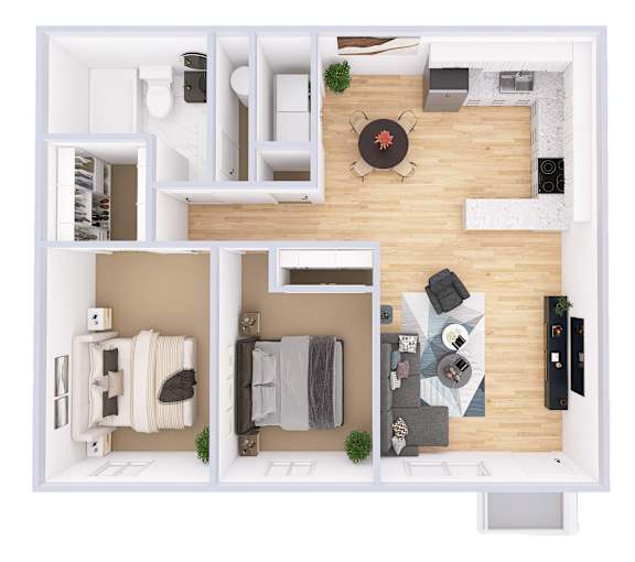 A top-down view of a small apartment with a kitchen, living room, and bathroom.