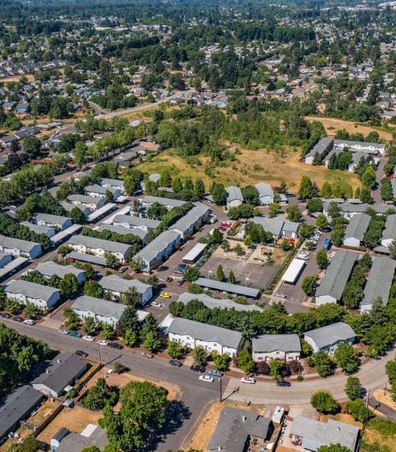 an aerial view of a neighborhood with houses and trees