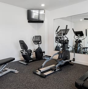 A spacious home gym with a variety of equipment including a treadmill, weights, and a bench.