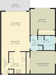 A floor plan for a home with a living room, dining area, kitchen, and three bedrooms.