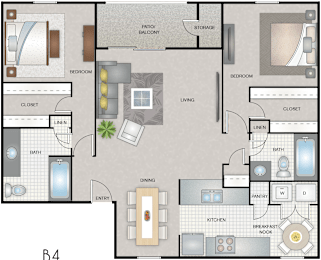 A floor plan of a home with a living room, dining room, kitchen, and two bedrooms.