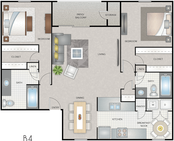 A floor plan of a home with a living room, dining room, kitchen, and two bedrooms.