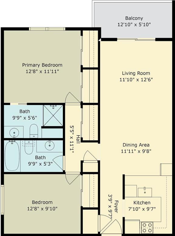 A floor plan for a 909 square foot apartment at 1300 Arguello Street, Unit 1, Redwood City, Ca 94063.