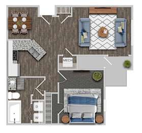 A top-down view of a house layout with a dining area, living room, kitchen, and bathroom.