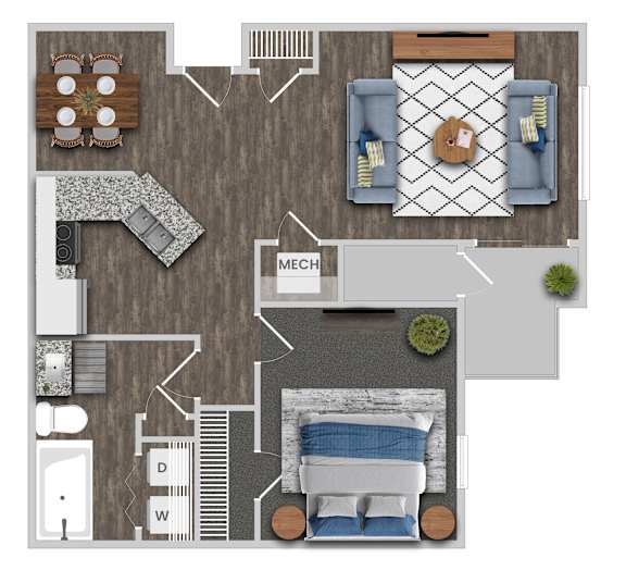 A top-down view of a house layout with a dining area, living room, kitchen, and bathroom.