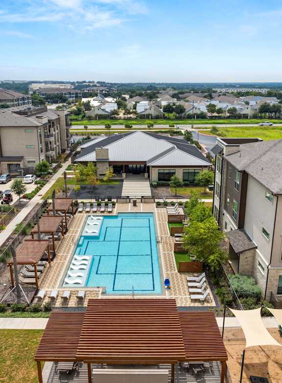 Aerial Pool View  at The Haywood Apartments, Austin, Texas