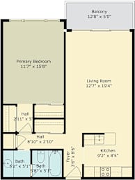 A floor plan for a home with a living room, kitchen, bath, and bedrooms.