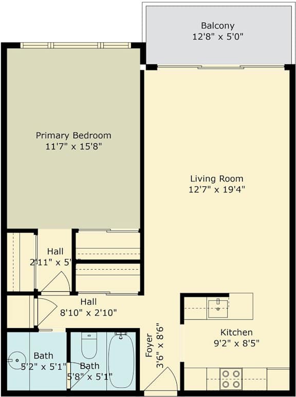 A floor plan for a home with a living room, kitchen, bath, and bedrooms.
