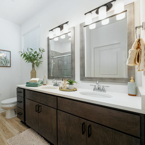 a bathroom with two sinks and a shower and a toilet