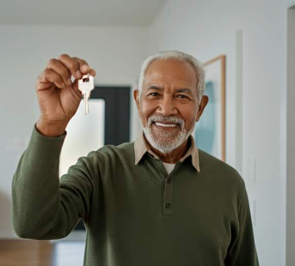 A man in a green shirt is holding up a key.