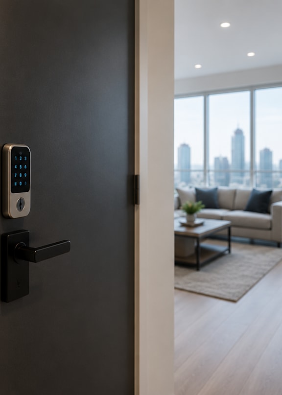 A modern door with a digital thermostat on the wall.