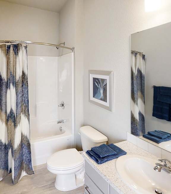 A bathroom with a white toilet, a sink, a mirror, and a shower with a blue and white shower curtain.