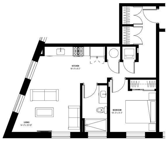 1 bed 1 bath floor plan U at Glassworks, Philadelphia, PA, 19122