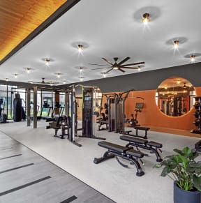 a large fitness room with exercise equipment and a large mirror