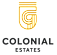 The image shows a logo with the text "COLONIAL ESTATES" on a dark background.