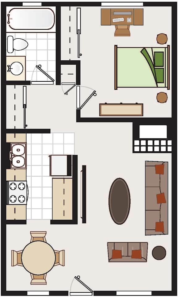 A floor plan of a one bedroom apartment with a bathroom.