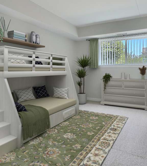 A room with a bunk bed, desk, and chair.
