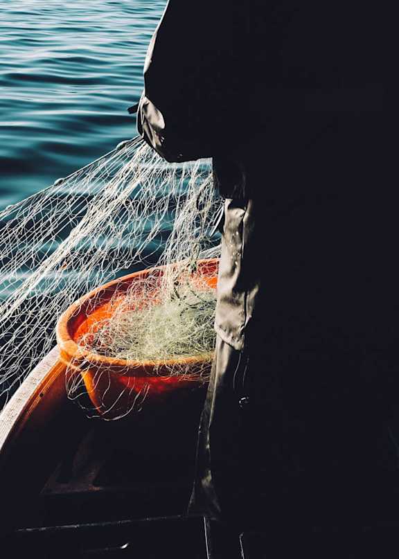 A fisherman pulls a net out of the water.