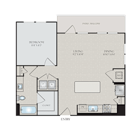 A floor plan of a property with a living room, dining room, kitchen, and two bathrooms.