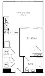 A black and white image of a floor plan for a studio apartment.