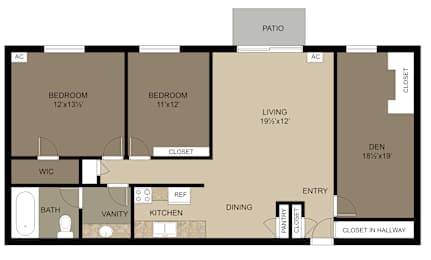 A floor plan for a two bedroom apartment with den.