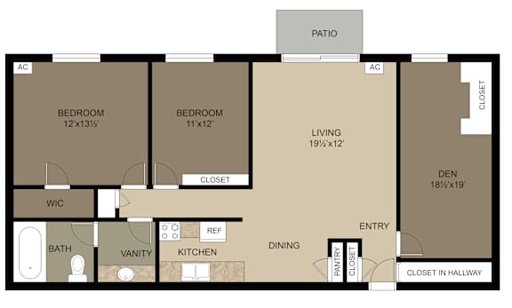 A floor plan for a two bedroom apartment with den.