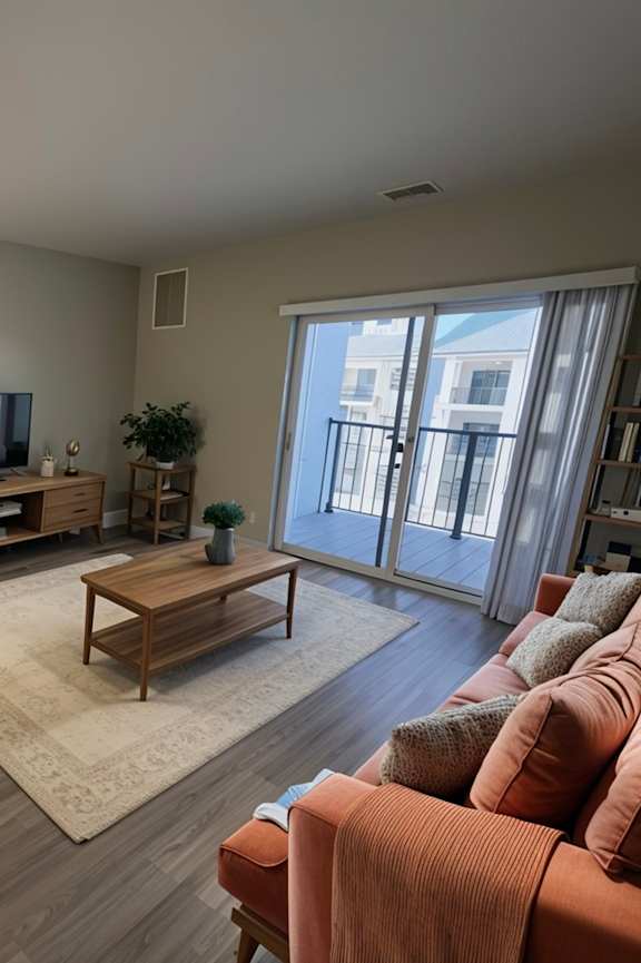 A balcony with a glass door and a heater vent.