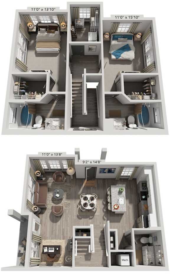 2 Bed 2.5 Bath Floor Plan | 1,534 Sq. Ft. at The Louis Apartment Flats, Kentucky, 40241