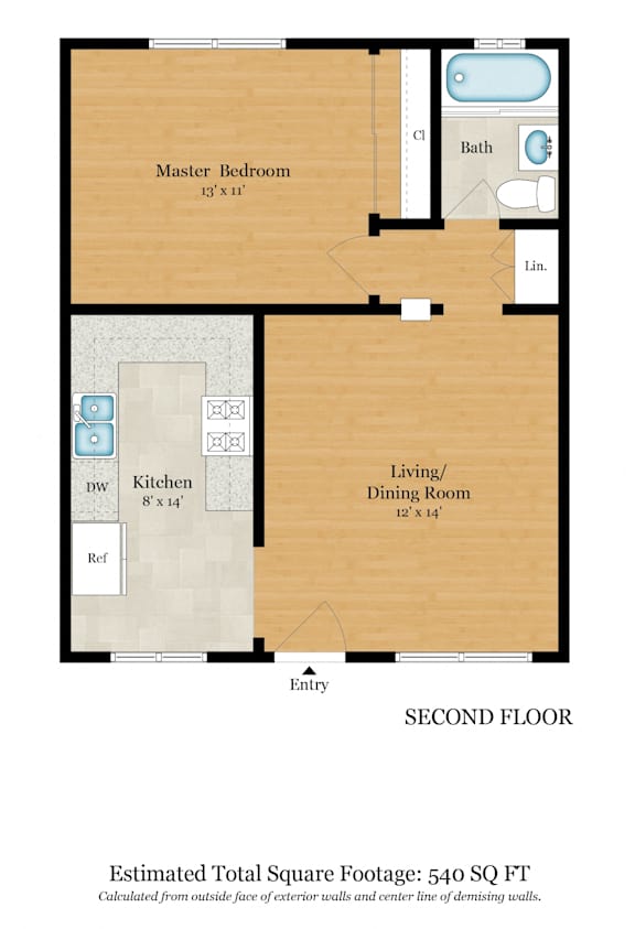 A floor plan of a house with a total square footage of 915 sq ft.