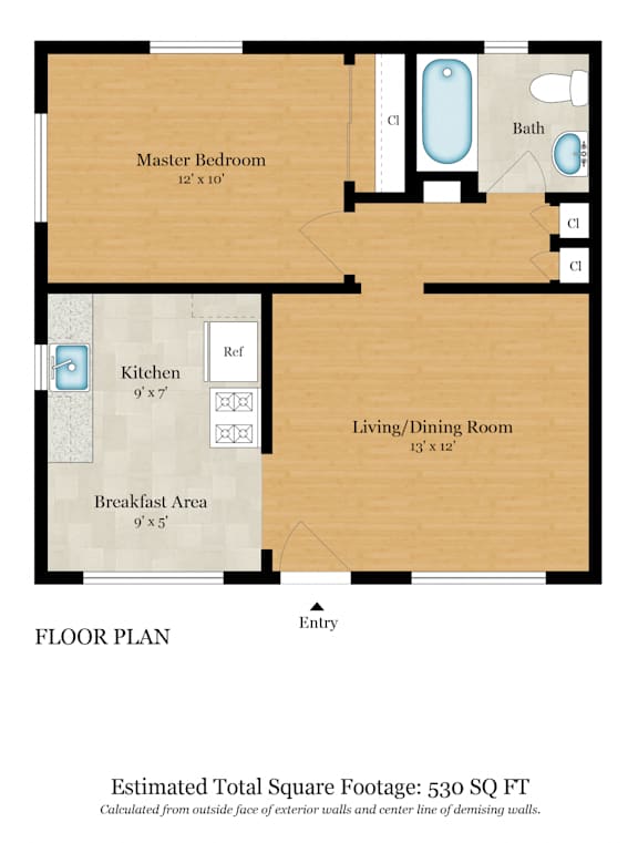 A floor plan of a house with a total estimated square footage of 905.