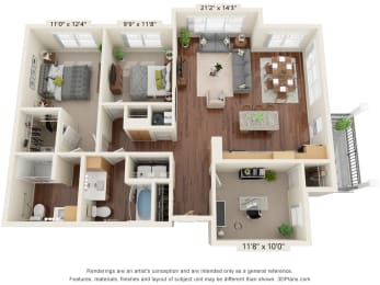 3 bed 2 bath floor plan at Preserve at Peachtree Shoals 55+ Apartments, Georgia