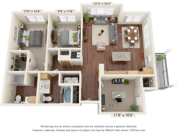 Floor Plan  Preserve at Peachtree Shoals_3D_3 Bedroom  Floor Plan