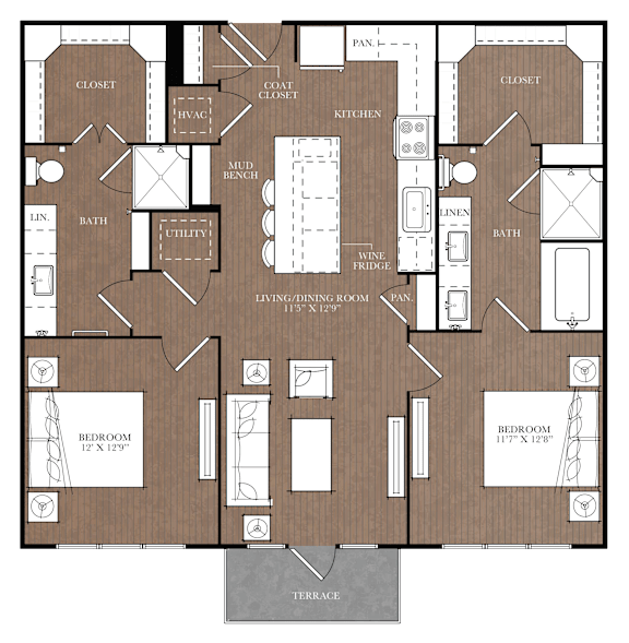 A floor plan of a house with a living room, two bedrooms, a bathroom, a kitchen, and a terrace.