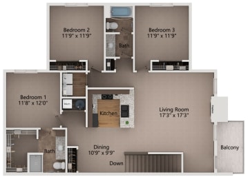 Floor Plan  floor plan with 3 bedrooms and 2 bathrooms
