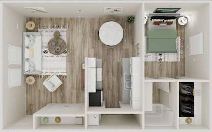 A small, neatly organized kitchen with white cabinets and a wooden backsplash.